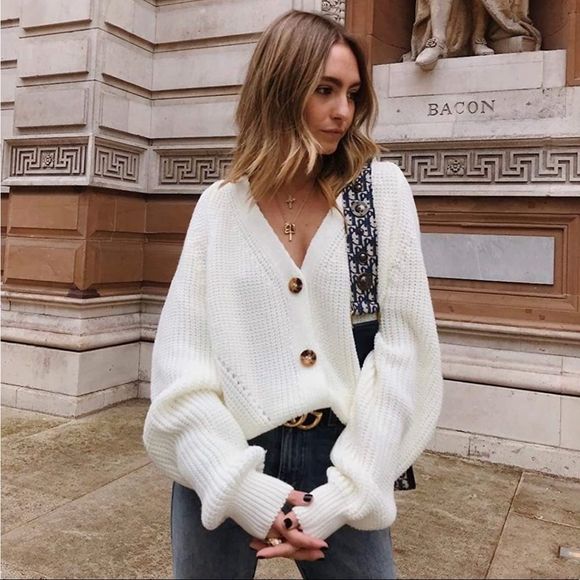 Sweaters - Oversized White/cream Button Down Cardigan Sweater
